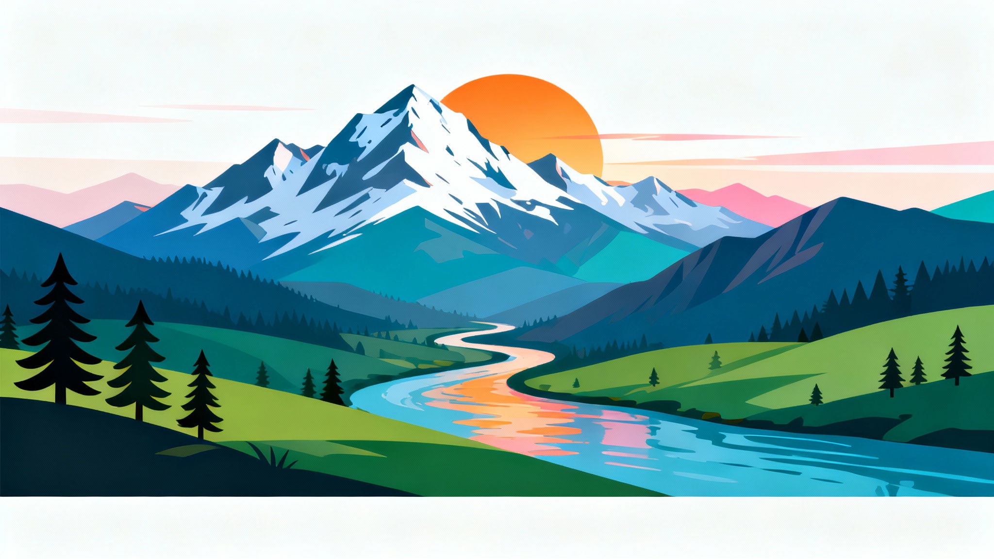 A modern flat illustration of a majestic mountain range at sunset, with a river and pine trees in the foreground.