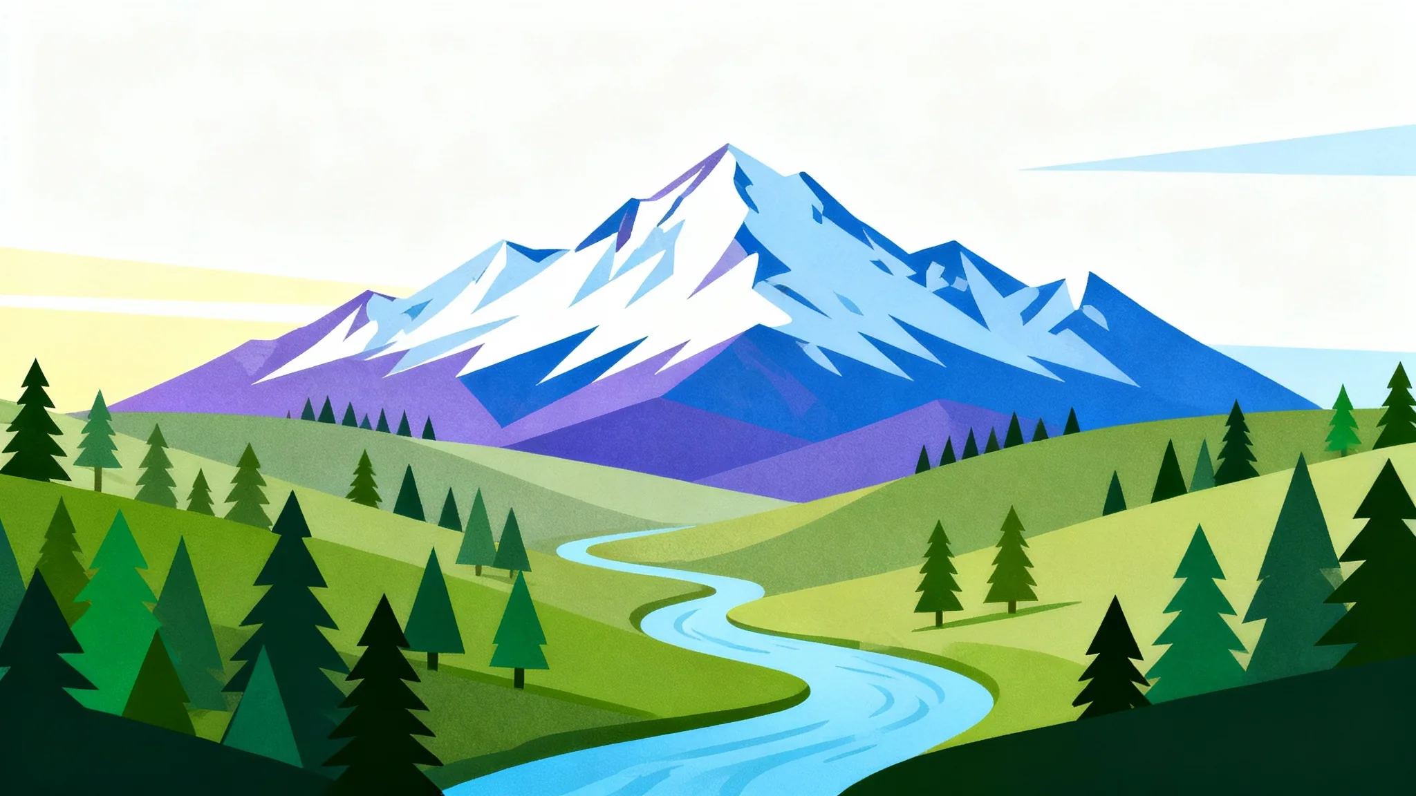 A modern flat illustration of a tranquil mountain landscape with snow-capped peaks, green pine forests, and a clear river, all set against a white background.