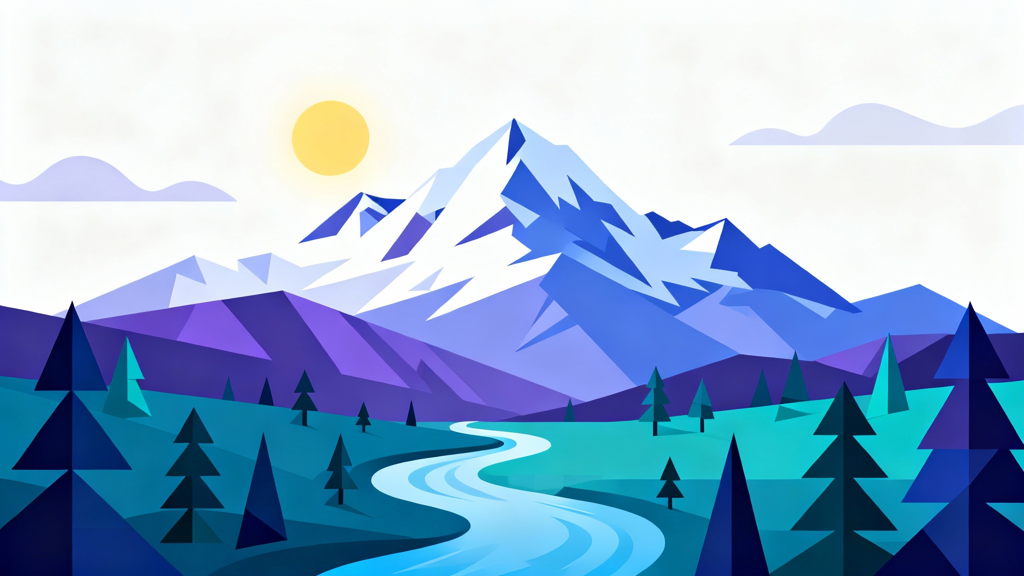 A modern flat design illustration of a serene mountain landscape, featuring snow-capped peaks, a winding river, and a forest of pine trees, isolated on a white background.