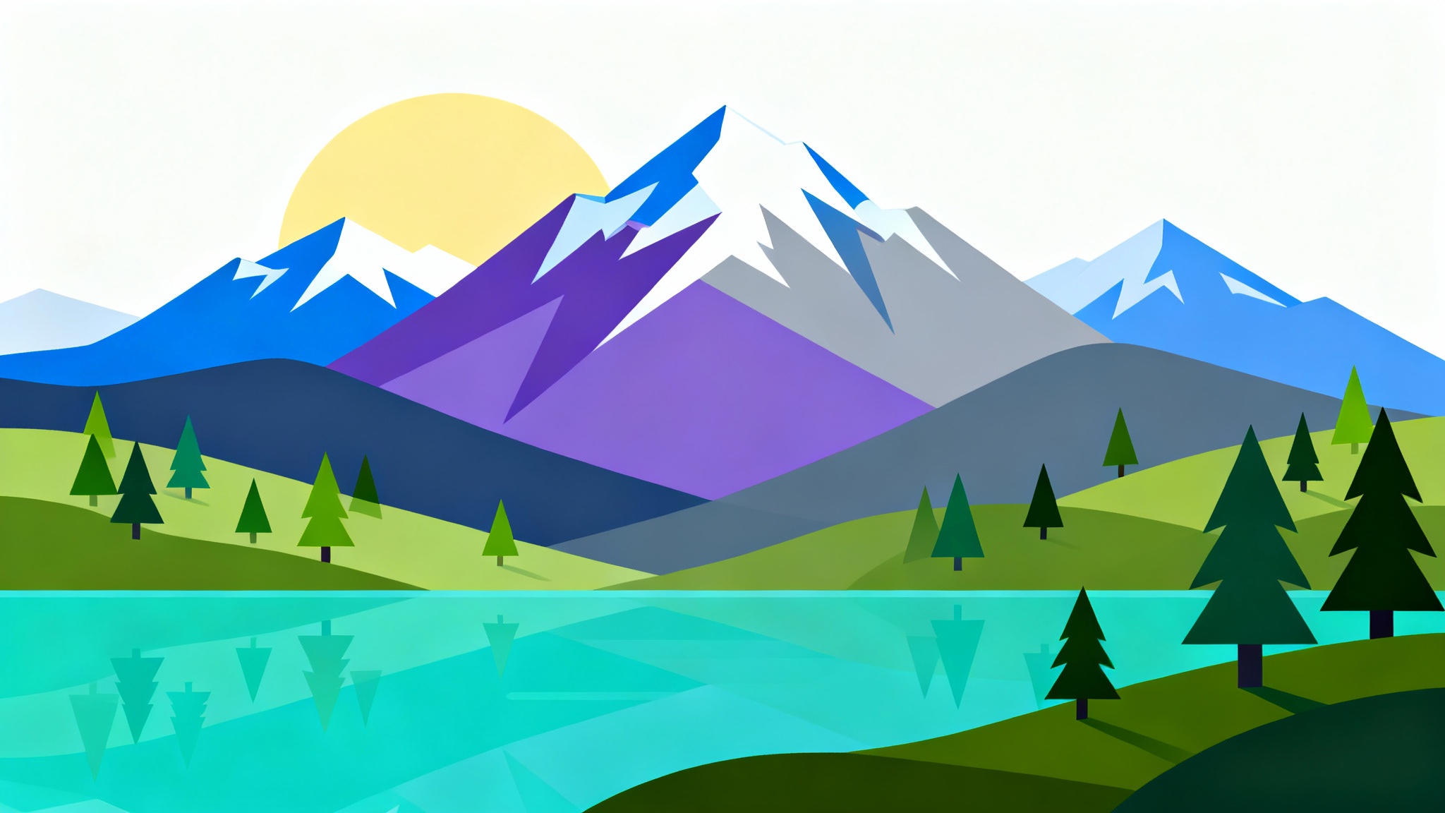 A modern vector illustration of a peaceful mountain landscape, featuring snow-capped mountains, a calm lake, and green pine trees under a setting sun, all on a white background.