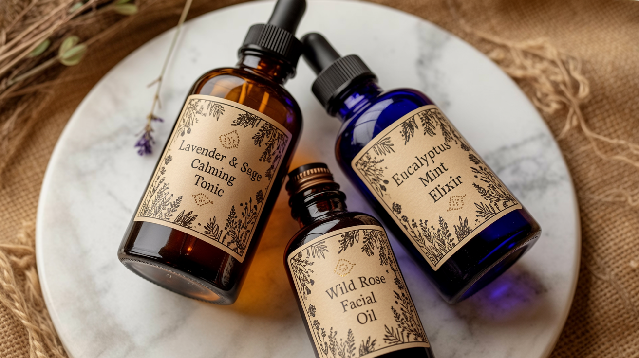 A professional product photo showing three different apothecary bottles, each with a unique and beautifully designed vintage-style label featuring botanical illustrations and elegant text, demonstrating the final output of a label design tool.