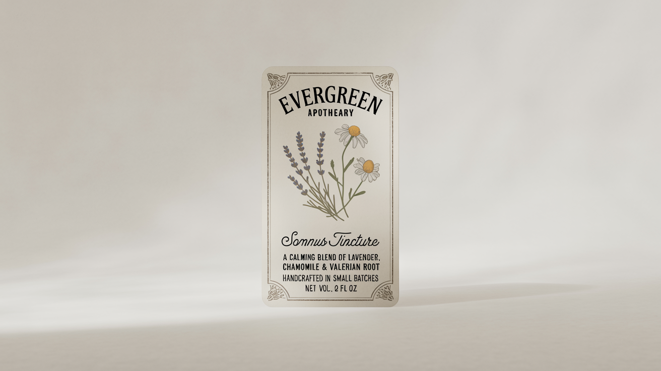 A vintage-inspired apothecary label for 'Evergreen Apothecary's Somnus Tincture,' featuring botanical illustrations and elegant typography on a textured cream paper, set against a plain white background.