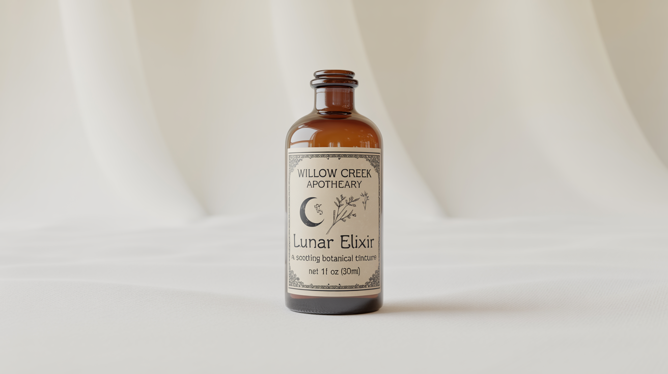 A product mockup of an amber glass dropper bottle on a white background, featuring a vintage apothecary label with the text 'Willow Creek Apothecary' and 'Lunar Elixir'.