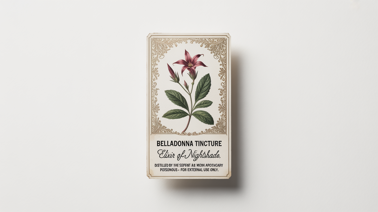 A vintage-style apothecary label mockup for 'Belladonna Tincture' on textured parchment, featuring a botanical illustration and ornate text, set against a plain white background.