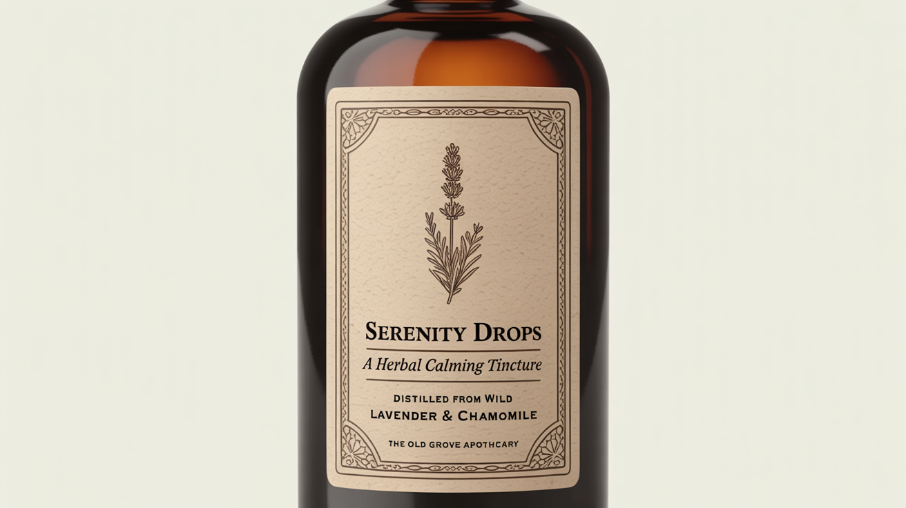 A photorealistic mockup of an amber glass dropper bottle with a vintage apothecary label. The label reads 'SERENITY DROPS - A Herbal Calming Tincture' and features a lavender illustration, set against a clean white background.