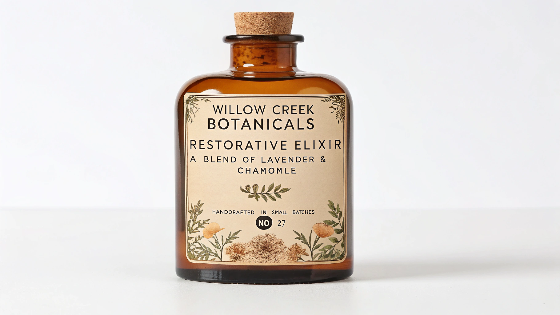A photorealistic mockup of an amber glass apothecary bottle with a cork stopper on a white background. The bottle has a vintage-style label that reads 'Willow Creek Botanicals, Restorative Elixir'.
