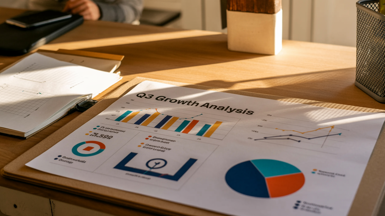 A professionally designed PowerPoint slide for a quarterly business review, featuring colorful charts, infographics, and modern typography on a clean background.