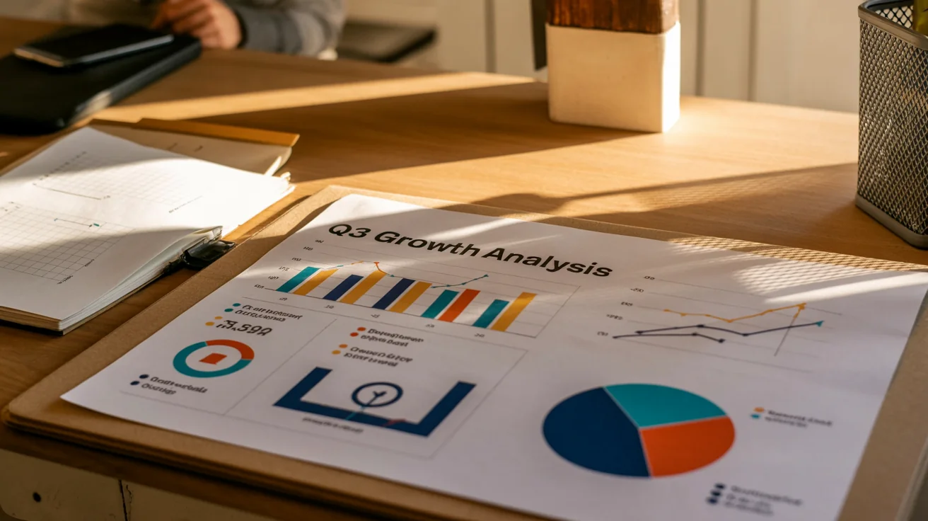A professionally designed PowerPoint slide for a quarterly business review, featuring colorful charts, infographics, and modern typography on a clean background.