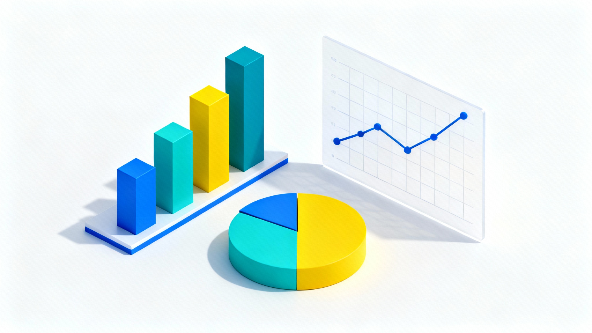 A collection of modern 3D isometric PowerPoint slide graphics, including a bar chart, pie chart, and line graph in a blue and teal color scheme, isolated on a white background.