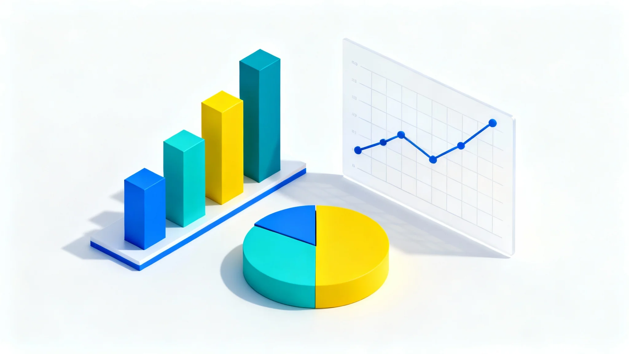 A collection of modern 3D isometric PowerPoint slide graphics, including a bar chart, pie chart, and line graph in a blue and teal color scheme, isolated on a white background.