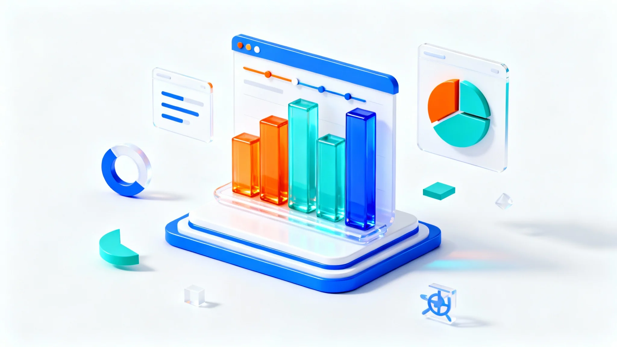 A collection of modern 3D graphic elements for a presentation, including a bar chart and pie chart, floating against a white background.