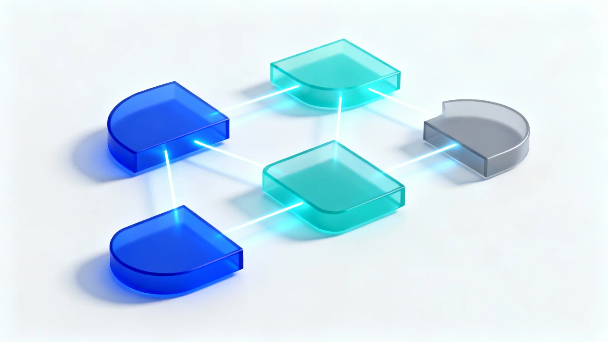 A 3D infographic for a PowerPoint slide, showing interconnected blue and teal geometric shapes on a white background, symbolizing data and progress.