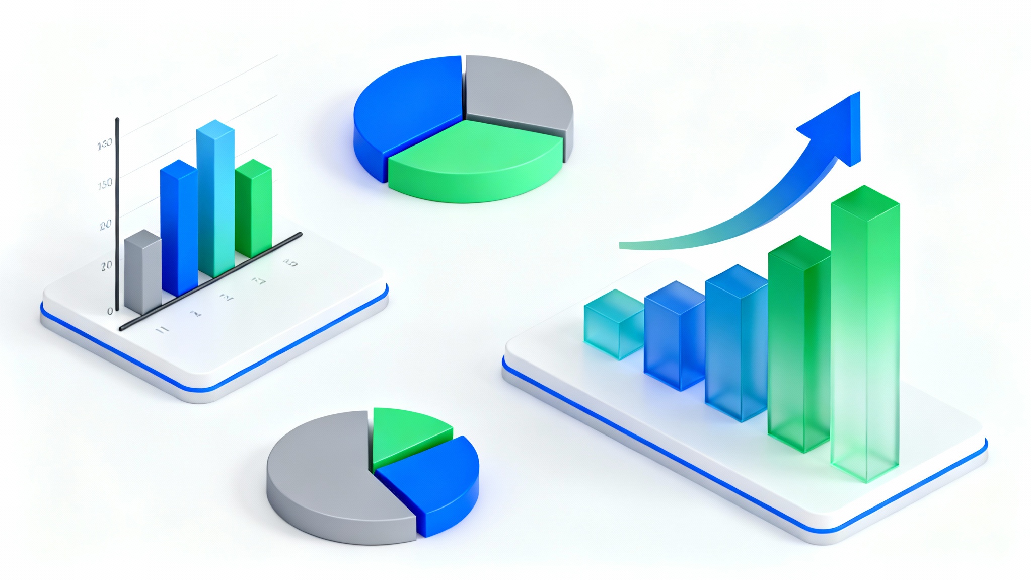 A 3D isometric graphic for a PowerPoint slide, featuring stylized bar charts and arrows in a blue and green corporate color palette, all on a clean white background.