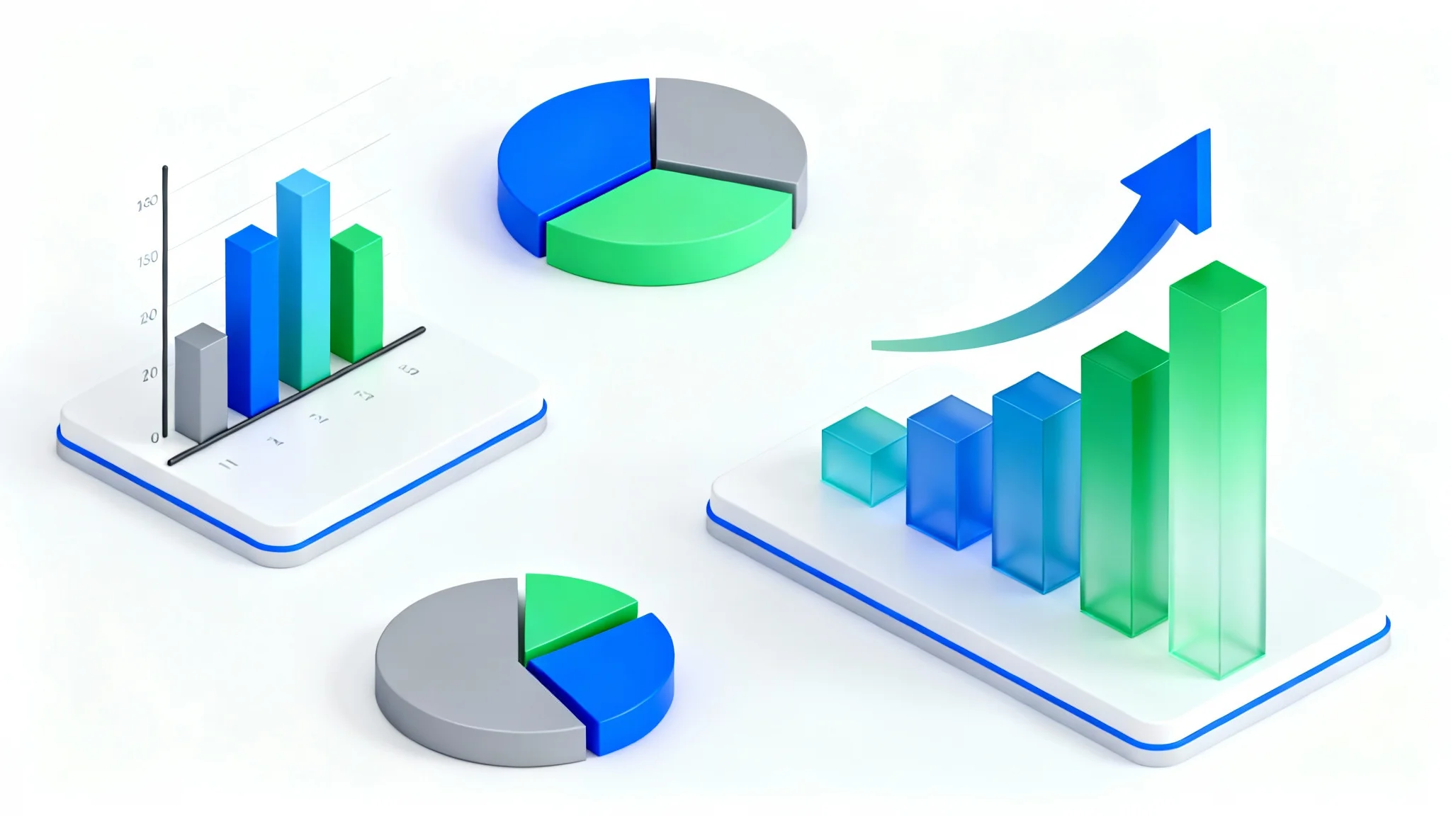 A 3D isometric graphic for a PowerPoint slide, featuring stylized bar charts and arrows in a blue and green corporate color palette, all on a clean white background.