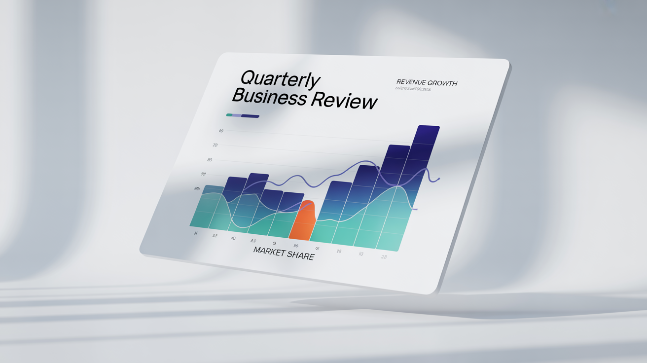 A mockup of a modern PowerPoint slide with the title 'Quarterly Business Review', featuring colorful bar charts and line graphs on a clean white background.