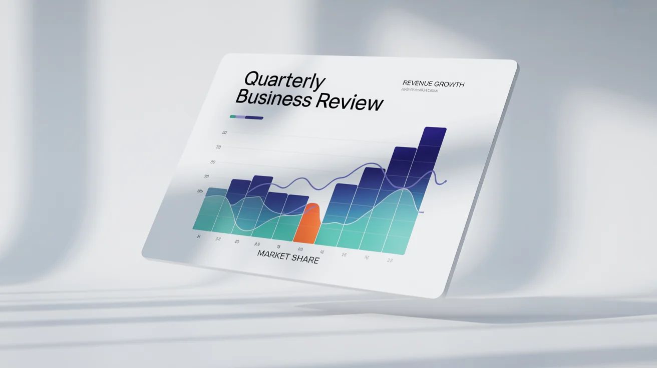 A mockup of a modern PowerPoint slide with the title 'Quarterly Business Review', featuring colorful bar charts and line graphs on a clean white background.