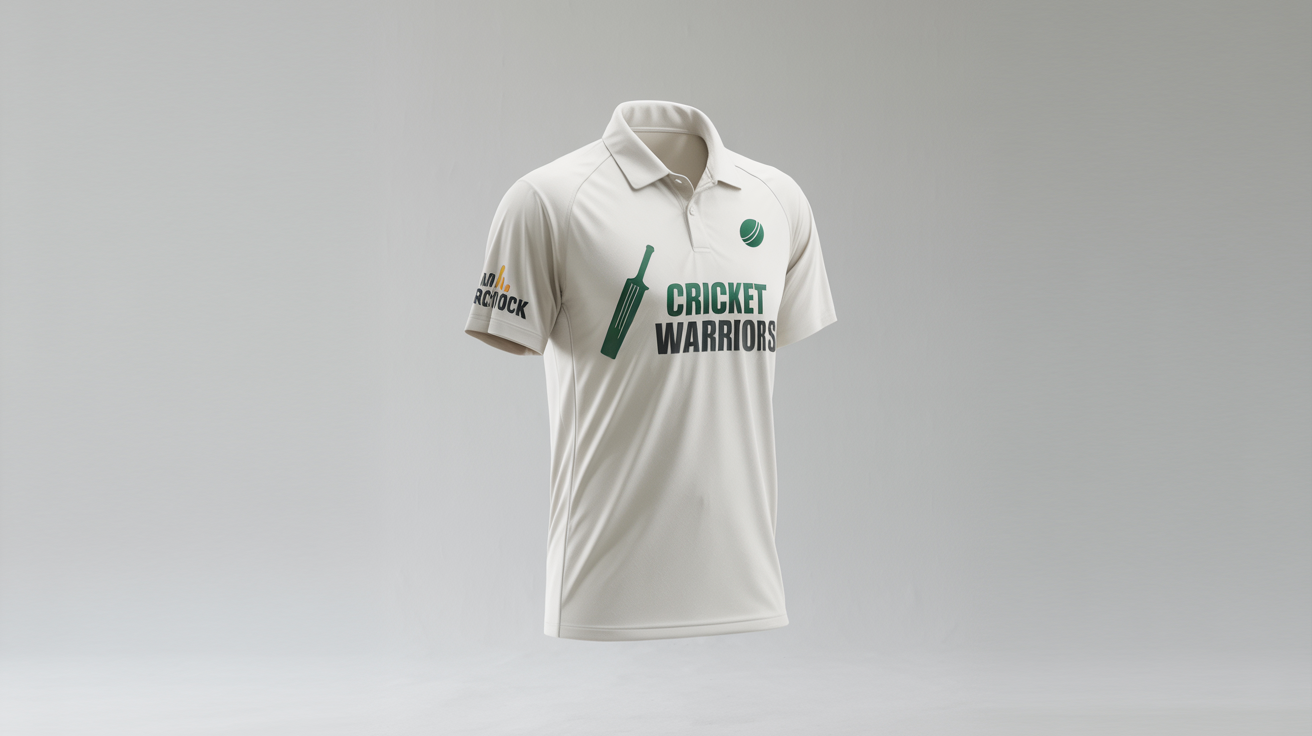 A high-quality mockup of a cricket jersey displayed on a mannequin, featuring a vibrant green and white design with a cricket bat and ball graphic, and text that reads 'CRICKET WARRIORS'.