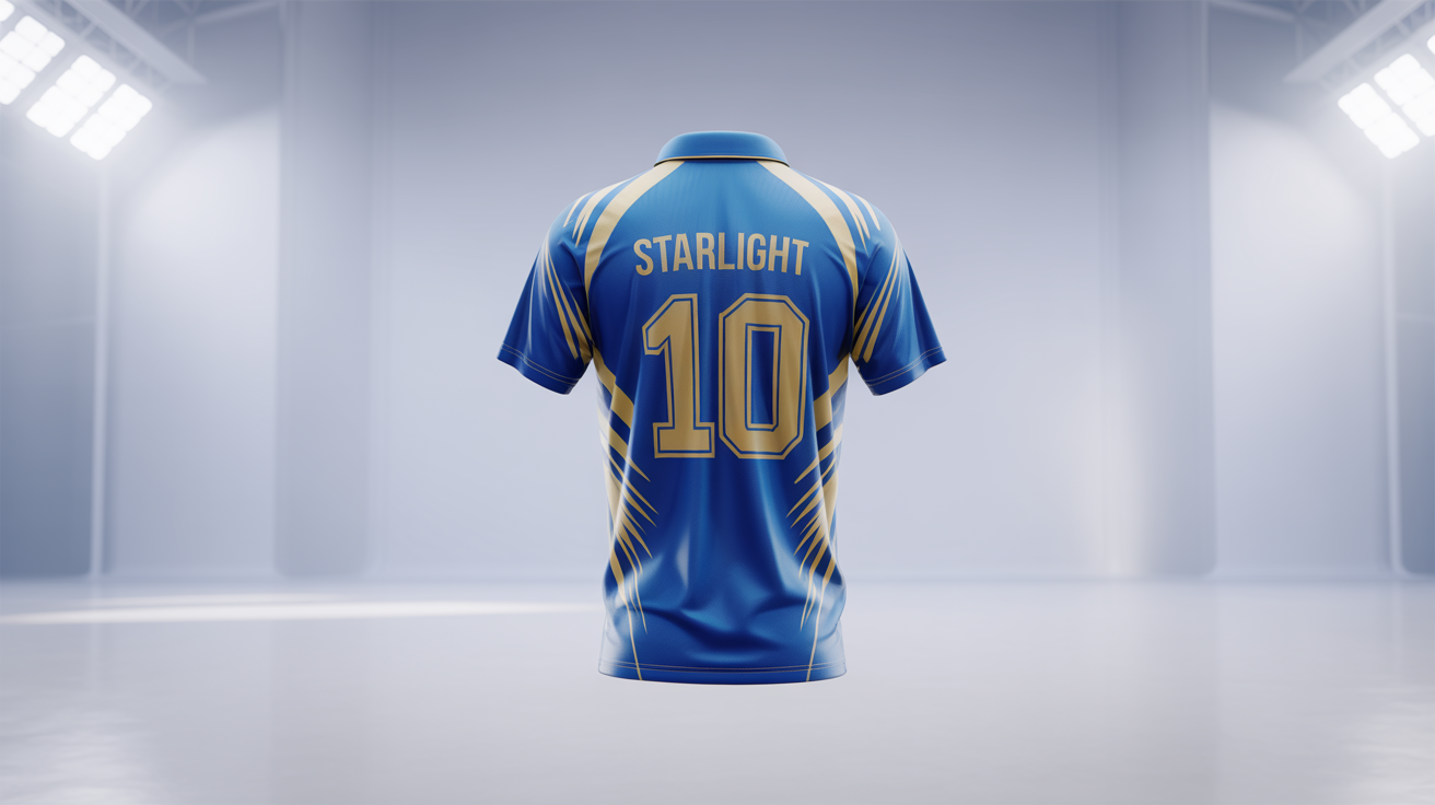 A professional mockup of a royal blue and gold cricket jersey for the fictional team 'Starlight Strikers', displayed on a ghost mannequin against a white background.