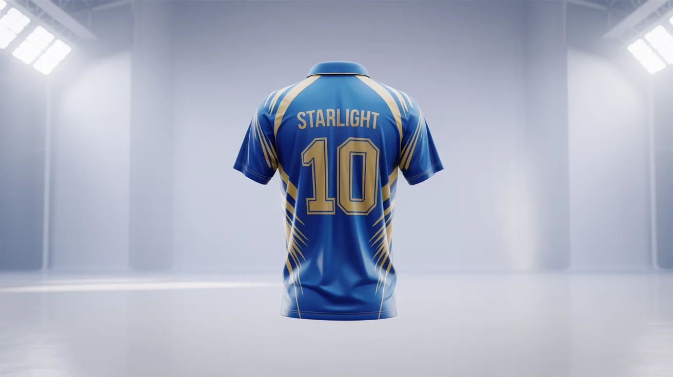 A professional mockup of a royal blue and gold cricket jersey for the fictional team 'Starlight Strikers', displayed on a ghost mannequin against a white background.