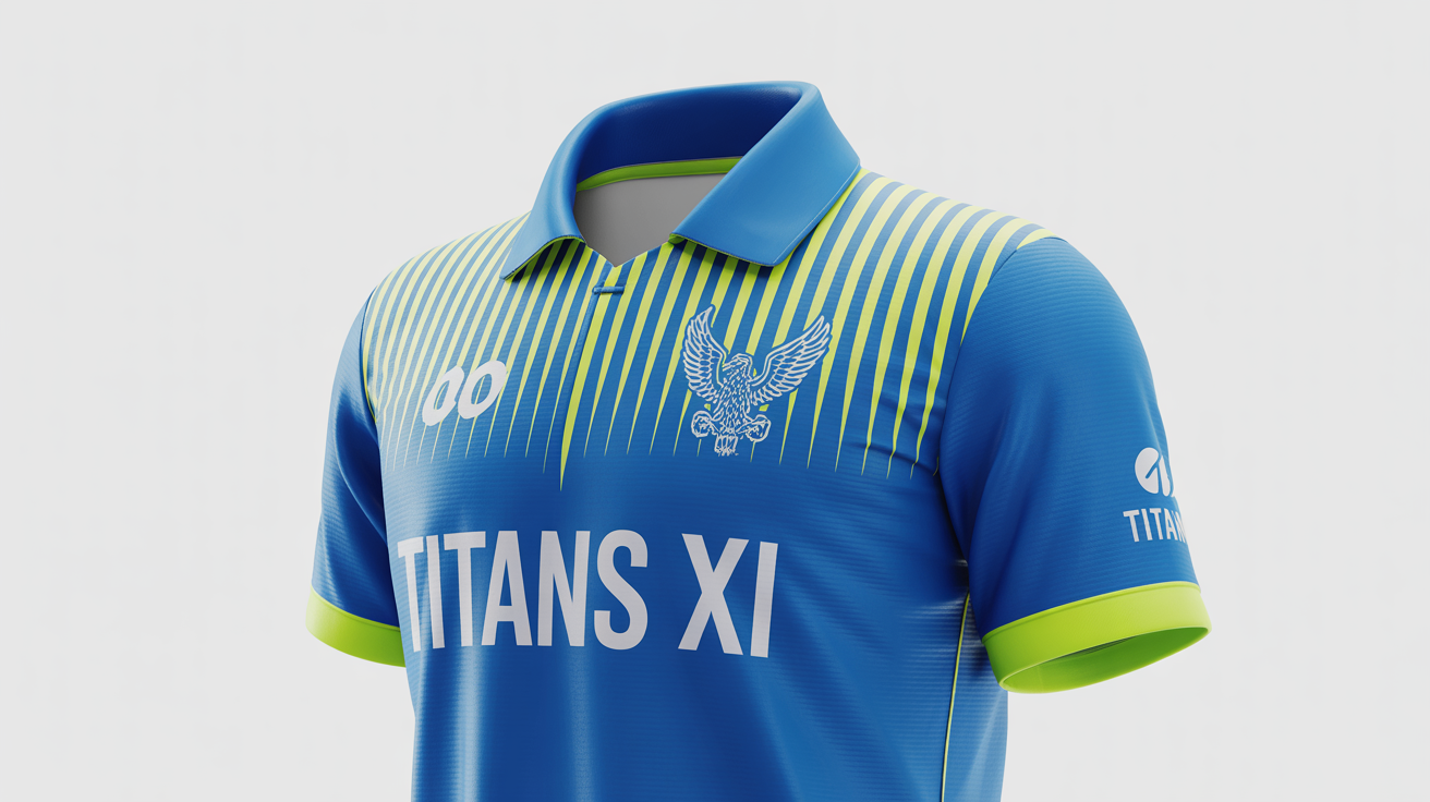 A photorealistic mockup of a professional cricket jersey in royal blue, neon yellow, and white, featuring the fictional team name 'TITANS XI' on a clean white background.