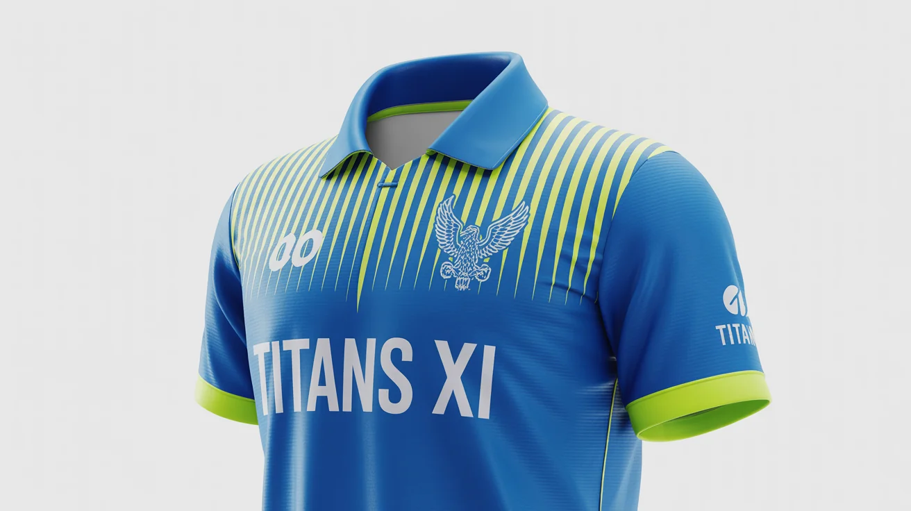 A photorealistic mockup of a professional cricket jersey in royal blue, neon yellow, and white, featuring the fictional team name 'TITANS XI' on a clean white background.