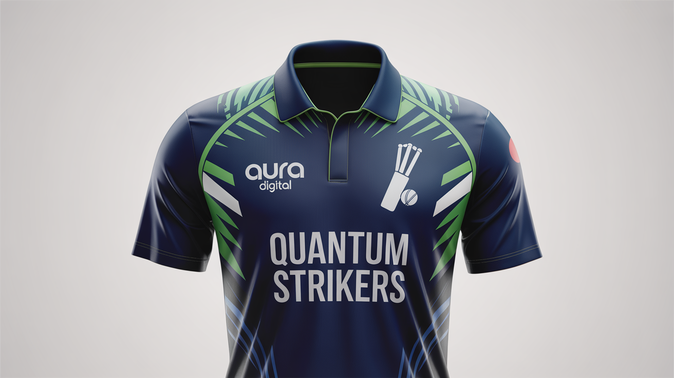 A professional mockup of a navy blue, green, and white cricket jersey for the 'Quantum Strikers' team, displayed on an invisible mannequin against a white background.