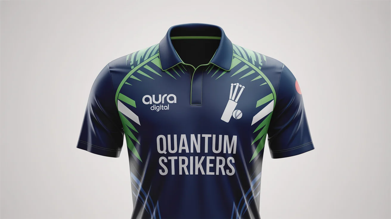 A professional mockup of a navy blue, green, and white cricket jersey for the 'Quantum Strikers' team, displayed on an invisible mannequin against a white background.