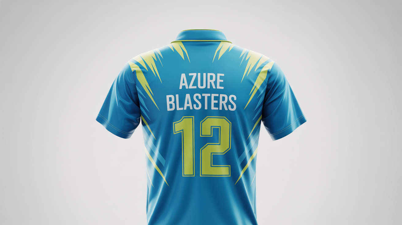 A professional mockup of a cricket jersey for the fictional team 'Azure Blasters' on a clean white background. The jersey is azure blue with yellow and white details and features the team name and the number 12.