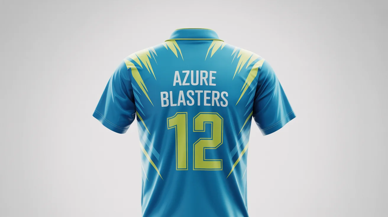 A professional mockup of a cricket jersey for the fictional team 'Azure Blasters' on a clean white background. The jersey is azure blue with yellow and white details and features the team name and the number 12.
