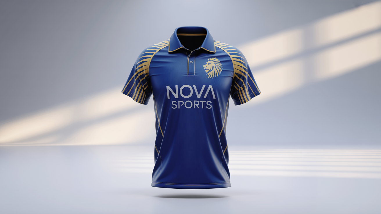 A professional mockup of a modern royal blue and gold cricket jersey on a white background, featuring a lion logo and the sponsor name 'Nova Sports'.