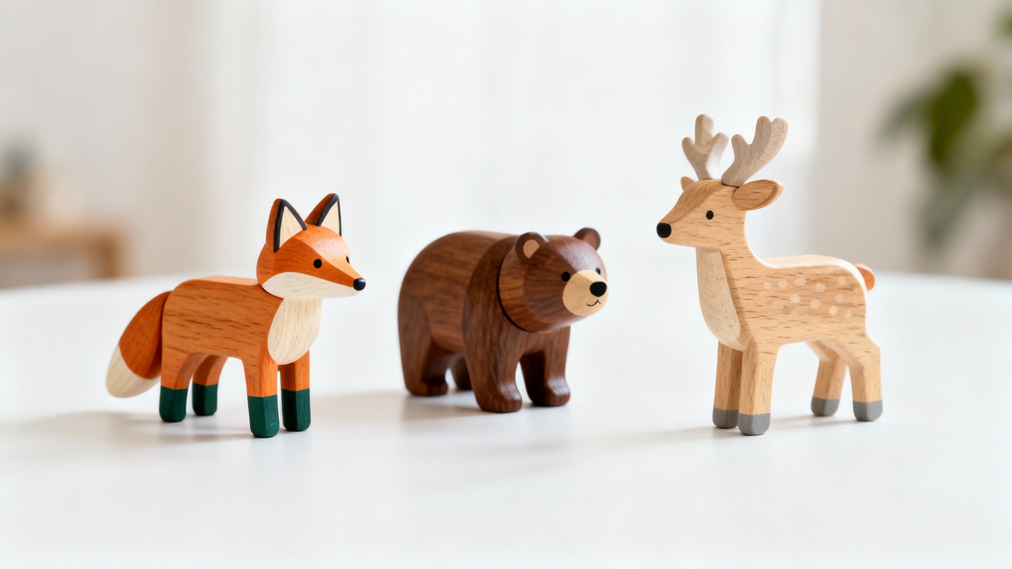 A hero image showing a set of beautifully crafted, Scandinavian-style wooden toy animals, including a fox, bear, and deer, arranged on a clean white background.