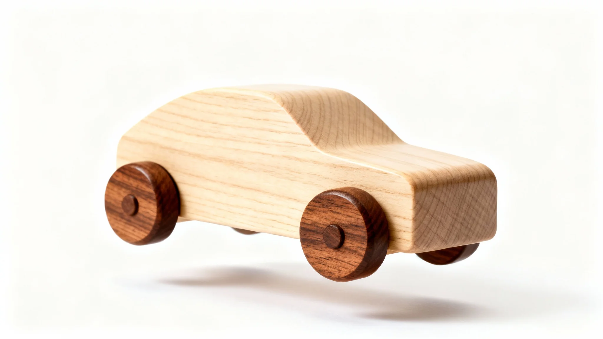 A beautifully crafted minimalist wooden toy car made of light maple with dark walnut wheels, shot in a studio with a clean white background.