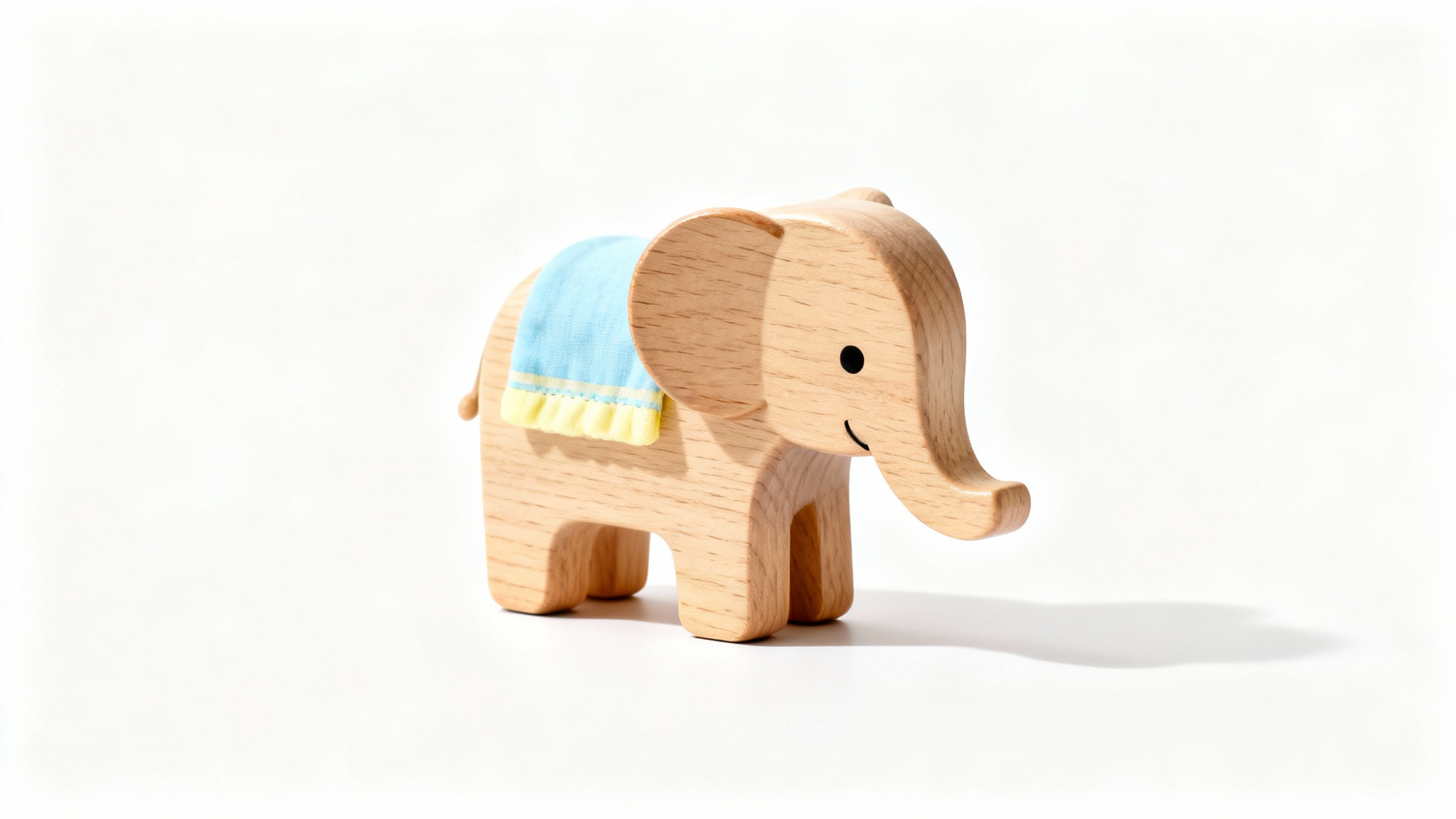 A beautifully crafted wooden toy elephant with pastel blue and yellow details, shown in a professional product photo against a clean white background.