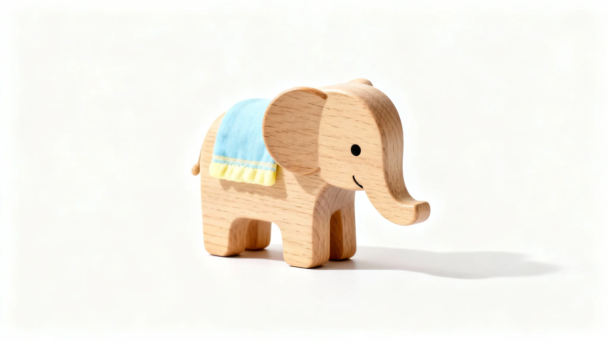 A beautifully crafted wooden toy elephant with pastel blue and yellow details, shown in a professional product photo against a clean white background.