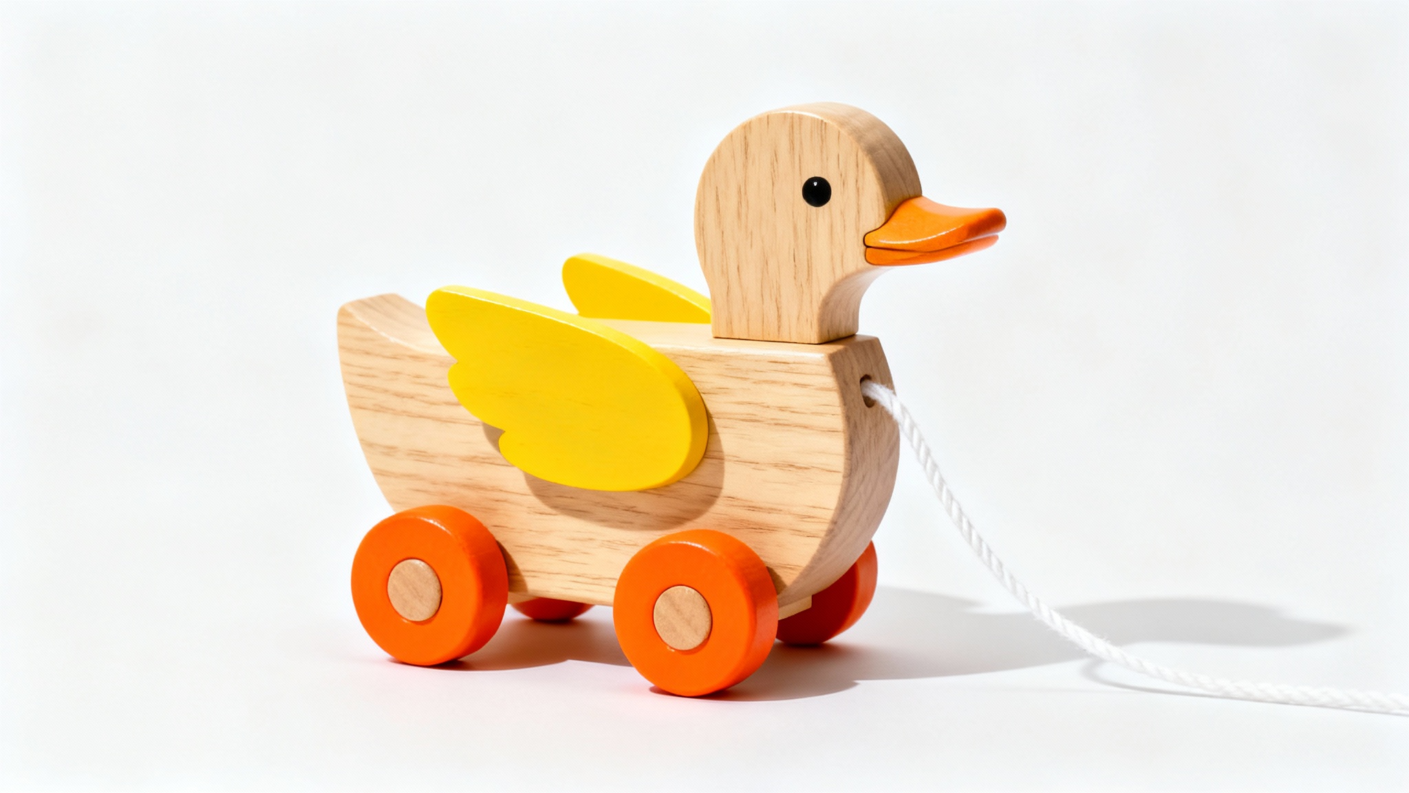 A beautifully crafted wooden pull-along duck toy with yellow wings and orange wheels, shown against a plain white background in a professional product photo style.