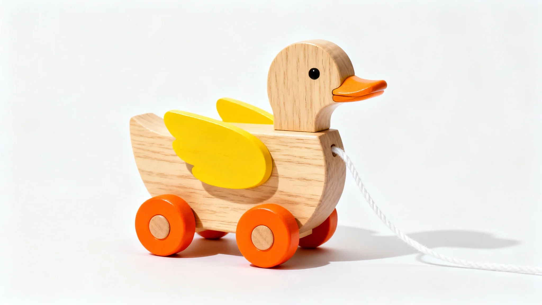 A beautifully crafted wooden pull-along duck toy with yellow wings and orange wheels, shown against a plain white background in a professional product photo style.