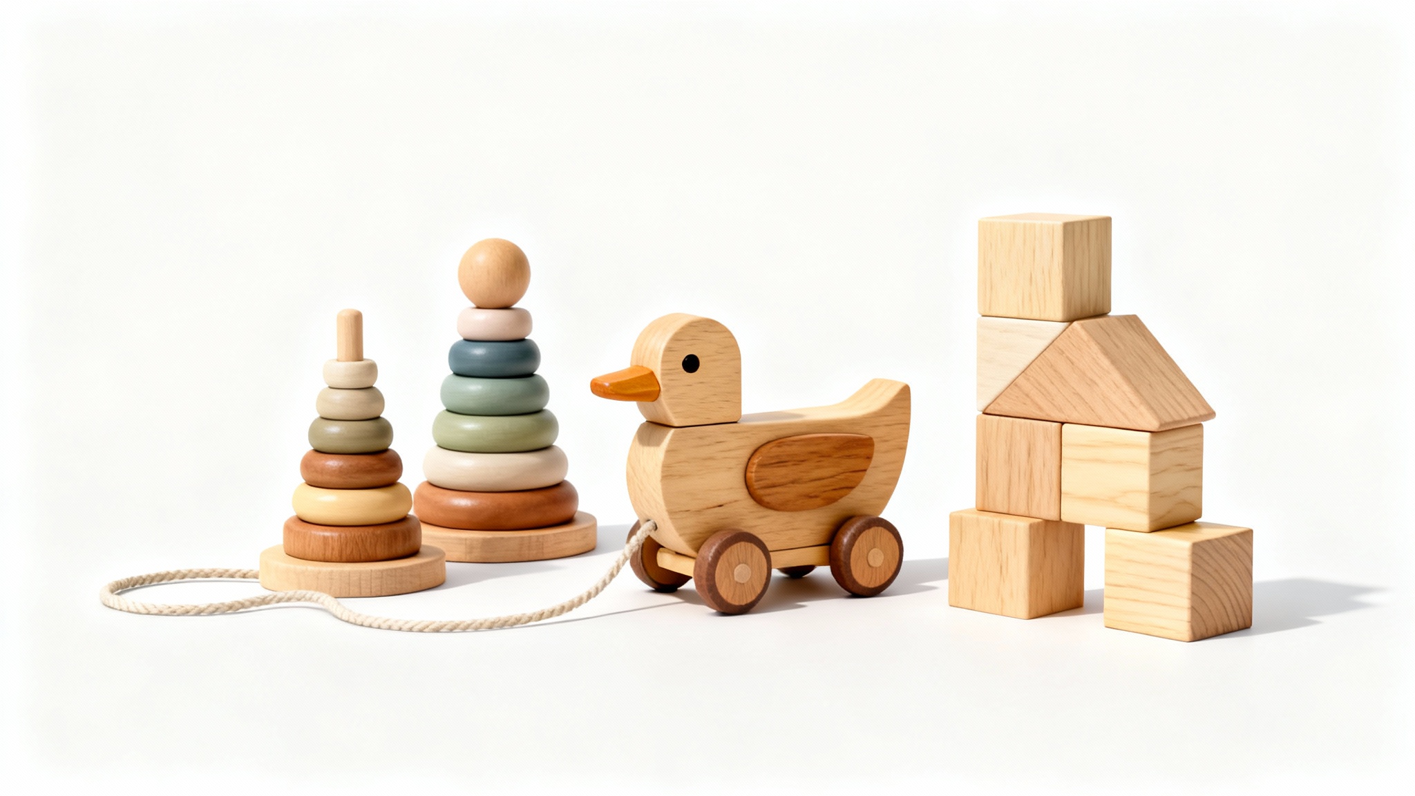 A collection of beautifully crafted wooden toys, including a stacking ring set and a pull-along duck, displayed on a clean white background to showcase their quality and design.
