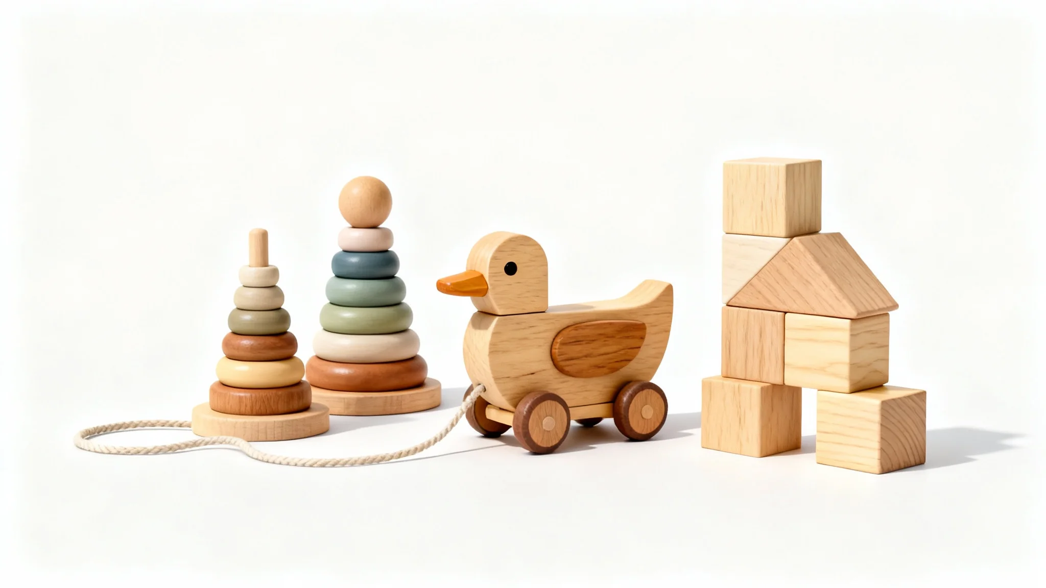 A collection of beautifully crafted wooden toys, including a stacking ring set and a pull-along duck, displayed on a clean white background to showcase their quality and design.