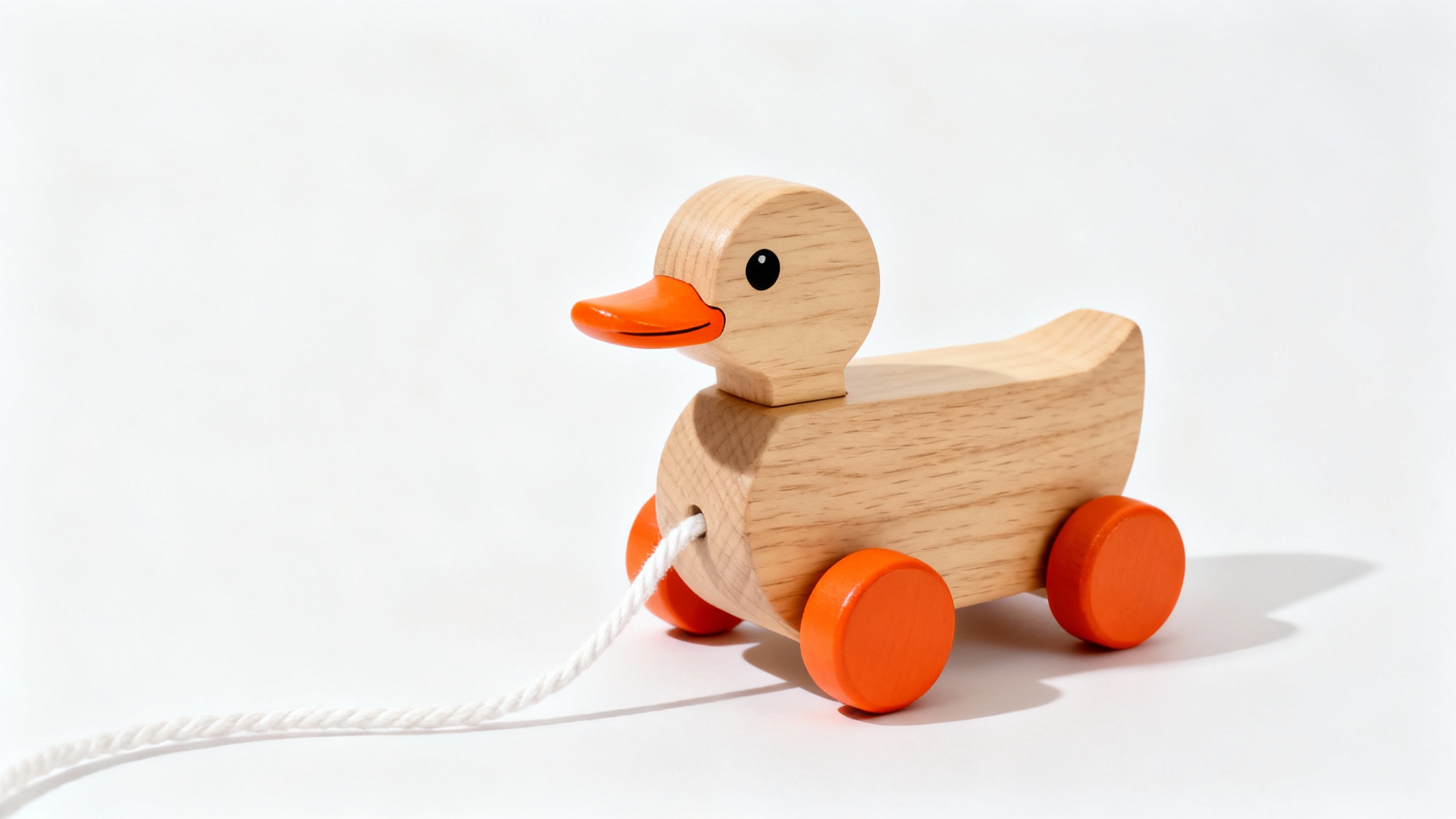 A close-up photograph of a classic wooden pull-along duck toy with orange wheels and beak, set against a clean white background.