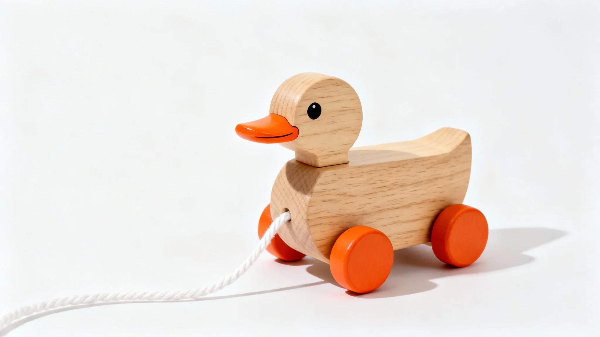 A close-up photograph of a classic wooden pull-along duck toy with orange wheels and beak, set against a clean white background.