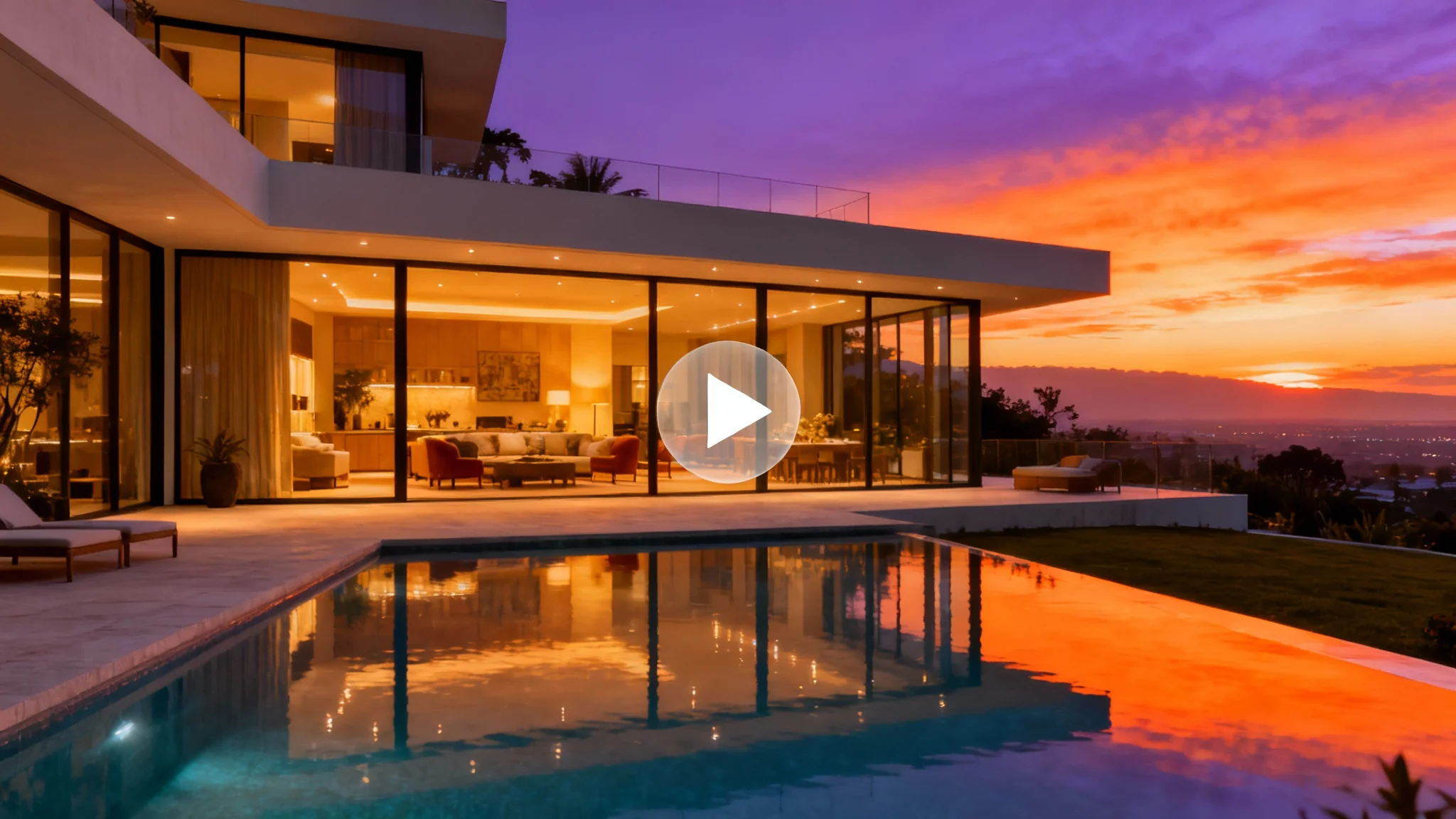 A thumbnail for a luxury real estate video, showing a stunning modern home at sunset with an infinity pool in the foreground. A play button icon is centered on the image, indicating it's a video.