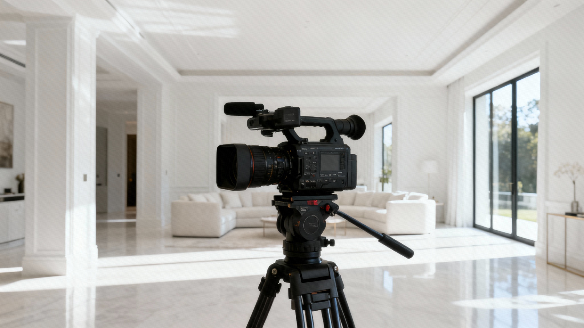 A professional video camera on a tripod is set up in a modern, sunlit living room, ready to film the luxurious space.
