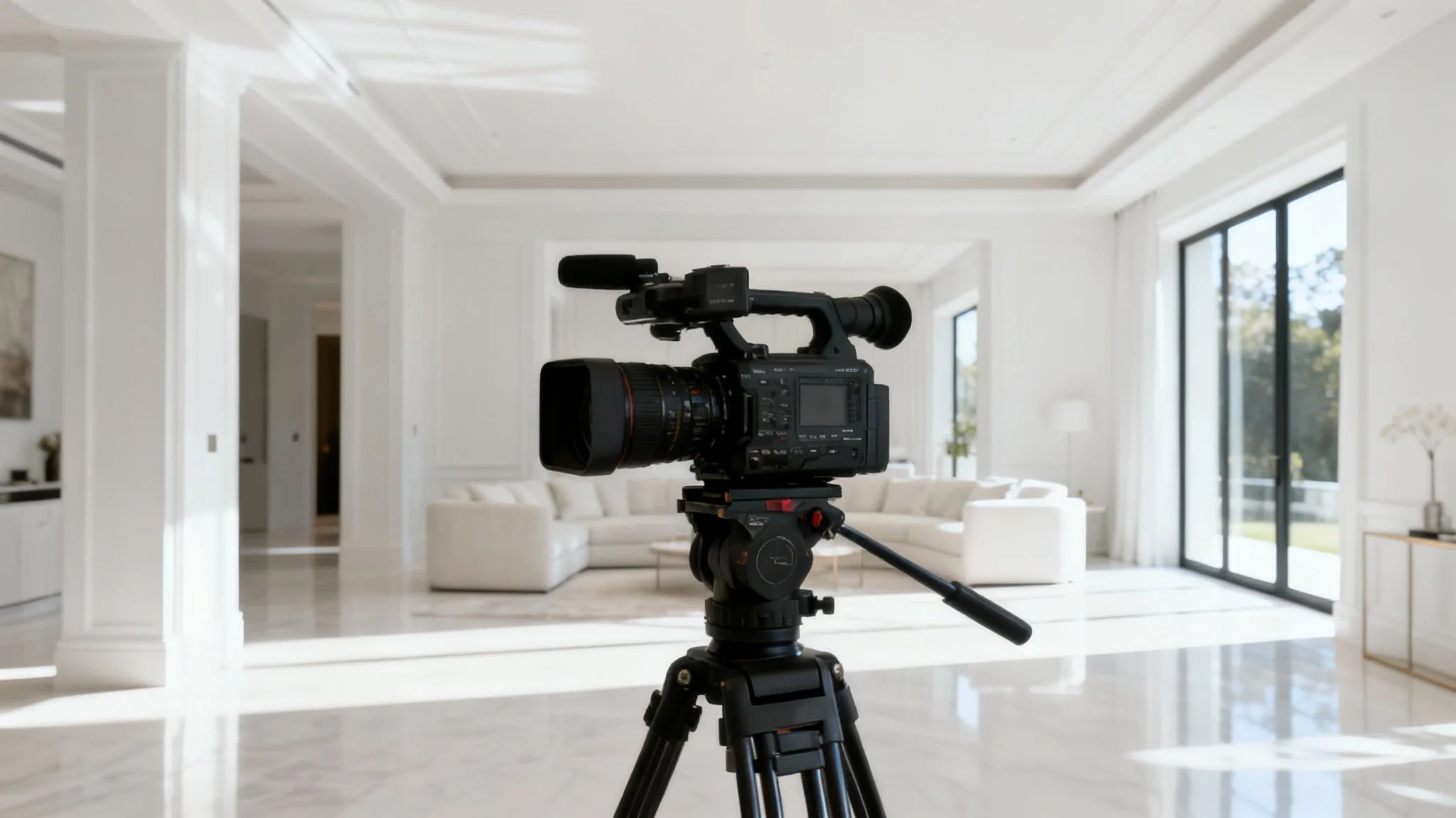 A professional video camera on a tripod is set up in a modern, sunlit living room, ready to film the luxurious space.