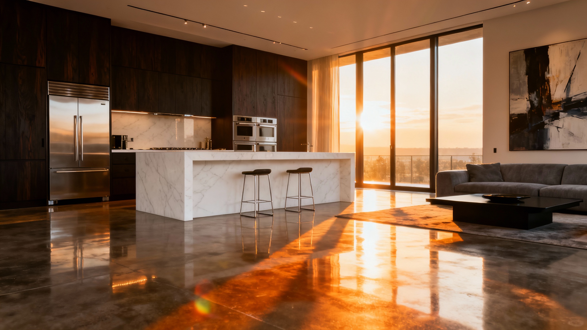 A cinematic still from a real estate video showing a luxurious, sunlit modern open-plan living room and kitchen with minimalist decor and high-end finishes.