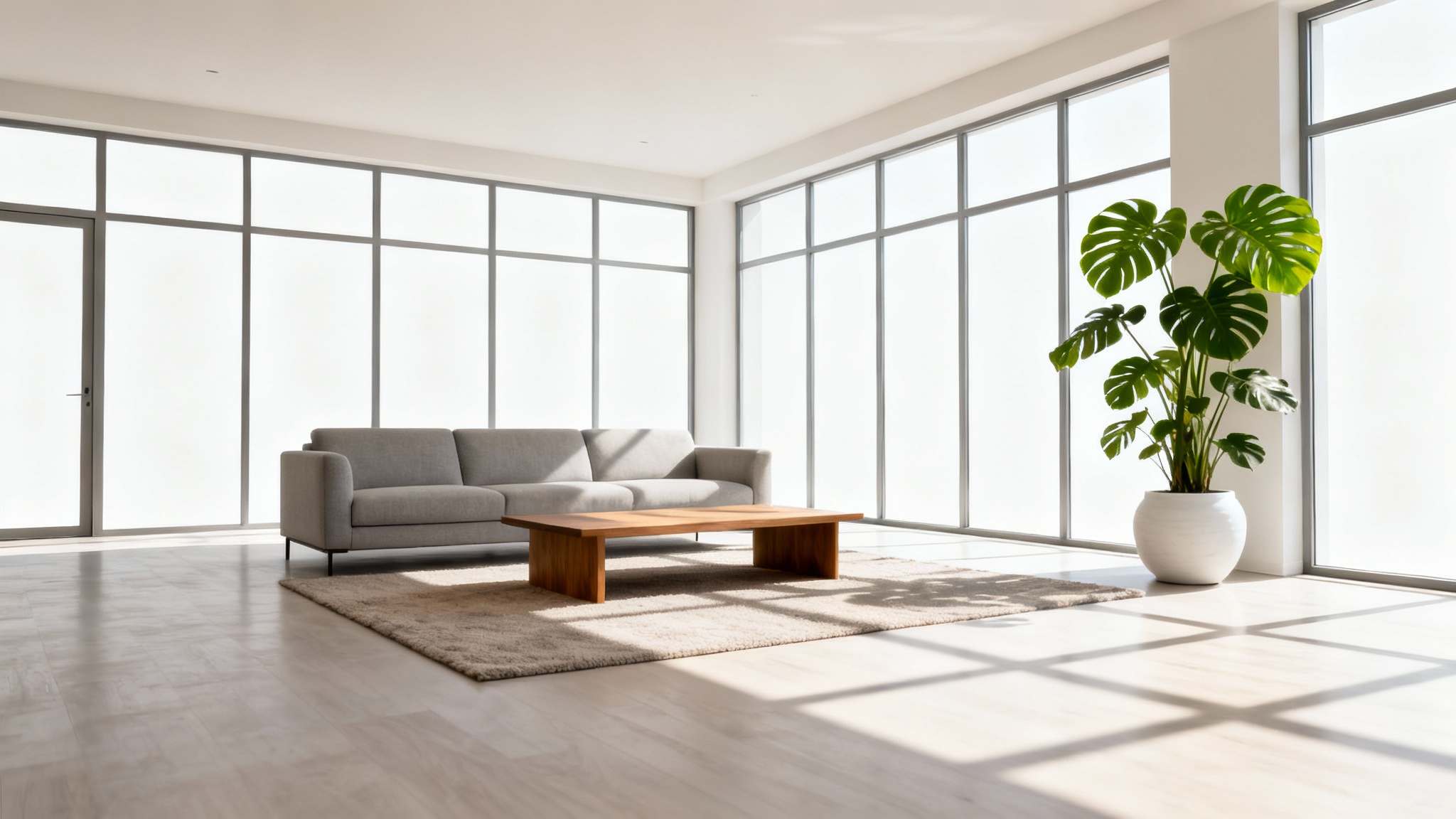 A photorealistic still from a real estate video showing a bright, modern living room with minimalist furniture and large windows, presented on a clean white background.