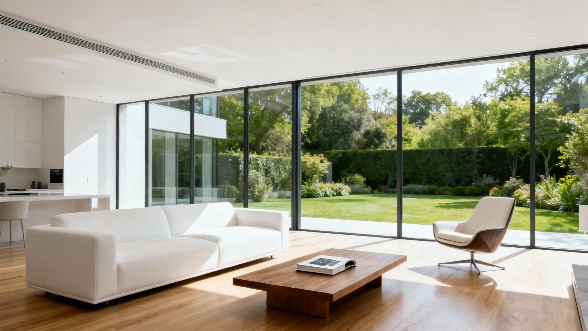 A still from a professional real estate video showing a bright, modern living room with large windows and a view of a garden, representing a real estate video service.