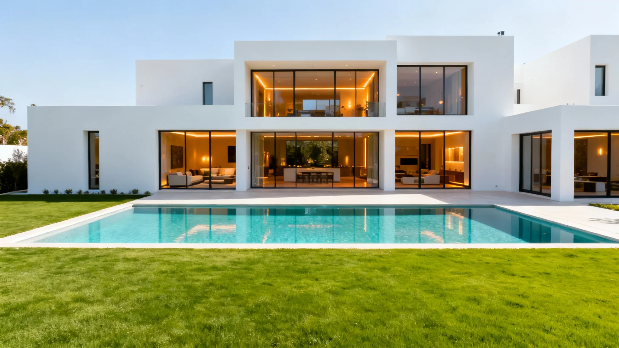 An aerial drone view of a modern luxury house with a swimming pool, presented as a high-quality still from a real estate video.