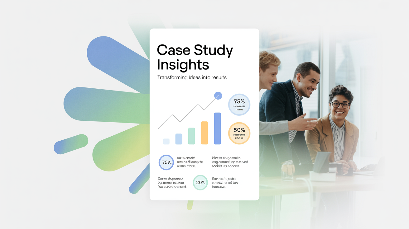 A modern case study graphic with a blue and green color scheme. The title 'Case Study Insights' is at the top. The center displays an infographic with charts and icons highlighting key statistics. Abstract shapes are on the left, and a blurred image of a team collaborating is on the right, creating a polished, professional look.