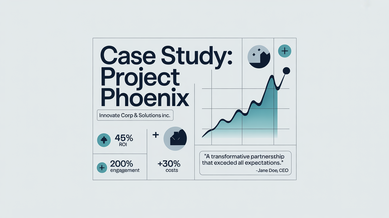 A professional mockup of a corporate case study graphic, featuring fictional company names, charts showing positive growth, and key metrics like a 45% increase in ROI.