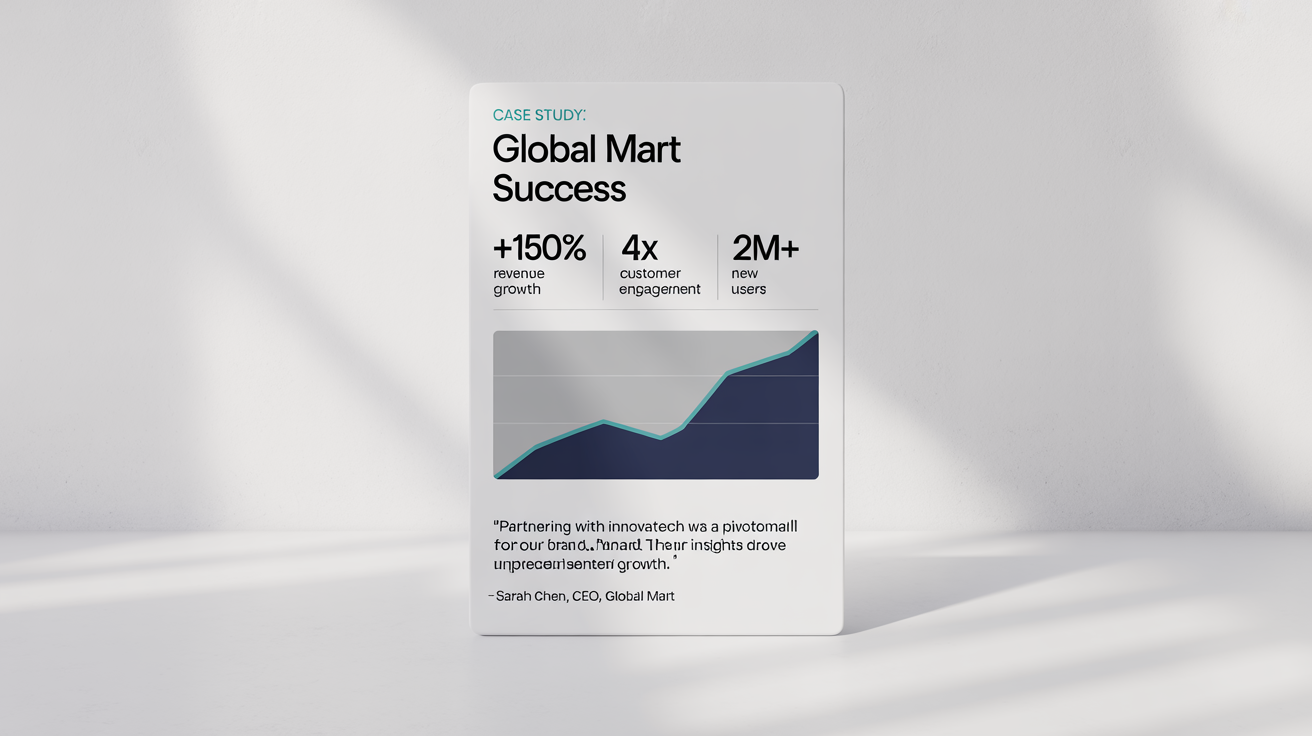 A professional case study graphic mockup showing impressive business results, including '150% Revenue Growth' and a positive CEO testimonial, displayed on a white background.